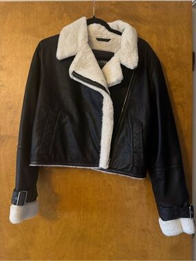 Hollister Black Faux Leather Jacket with Cream Sherpa Trim